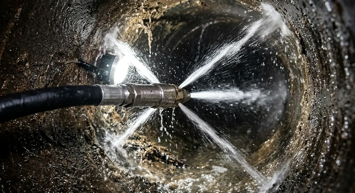High-pressure hydro jetting nozzle cleaning sewer pipe for Trenchless Sewer Repair in Cottonwood Heights