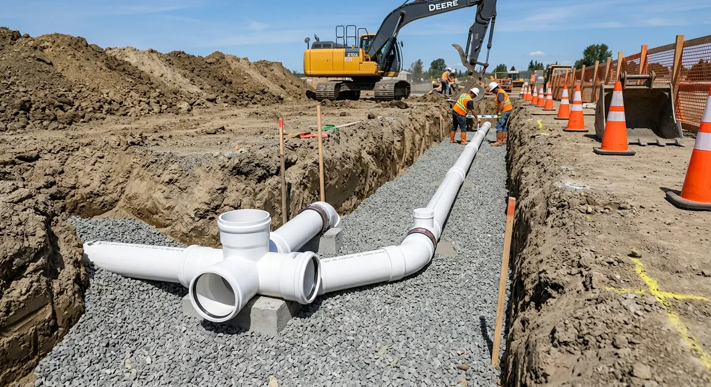 New PVC sewer pipe installation in open trench for Commercial Drain Cleaning in Cottonwood Heights