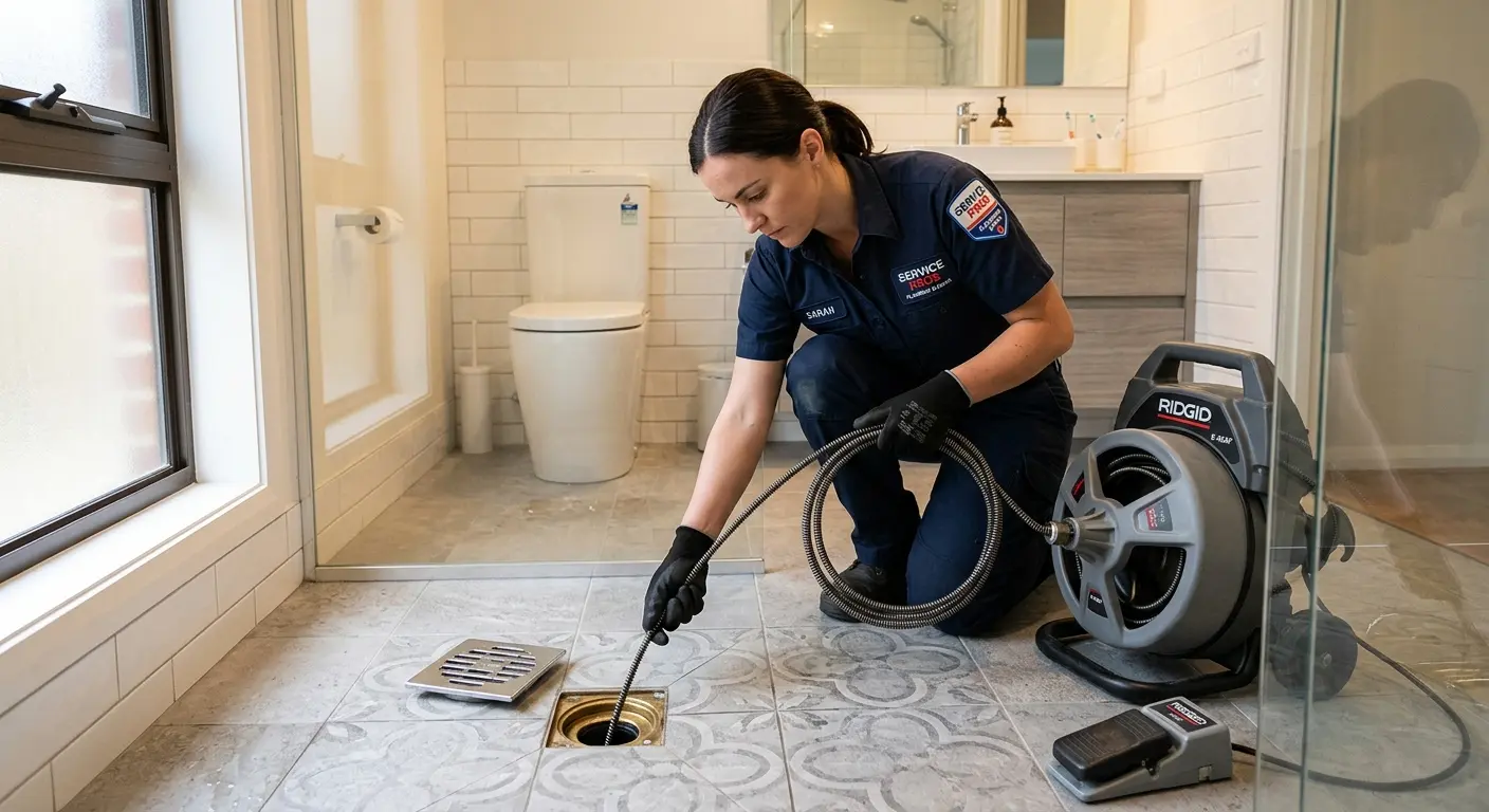 Technician clearing a bathroom floor drain for Clogged Drain Repair in Cottonwood Heights
